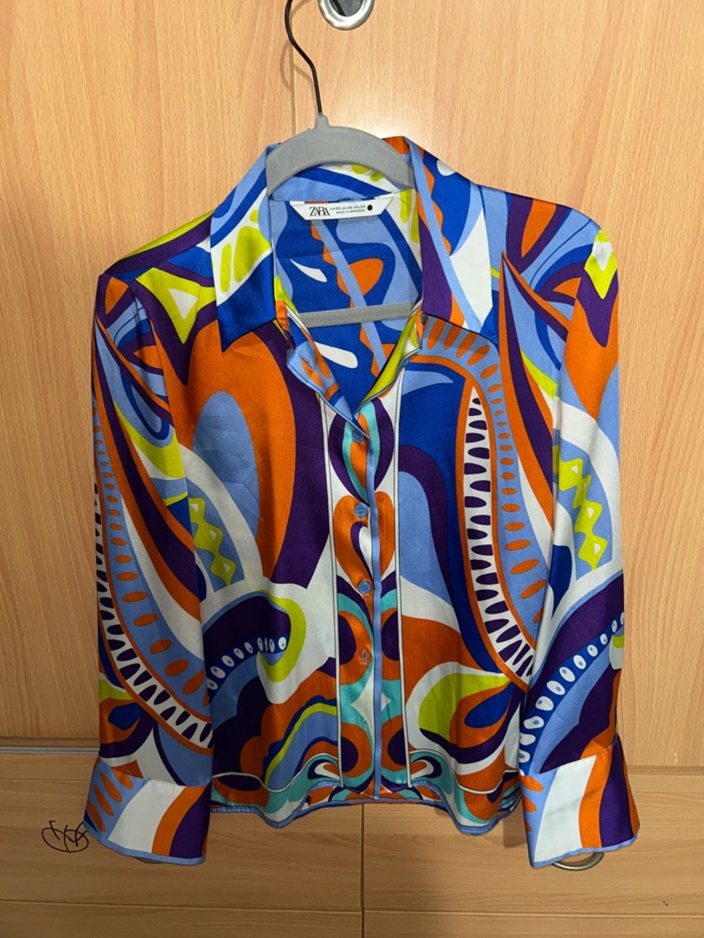Zara Multicolor Abstract Button-Down Blouse - Blue, Orange, Purple, Lime
